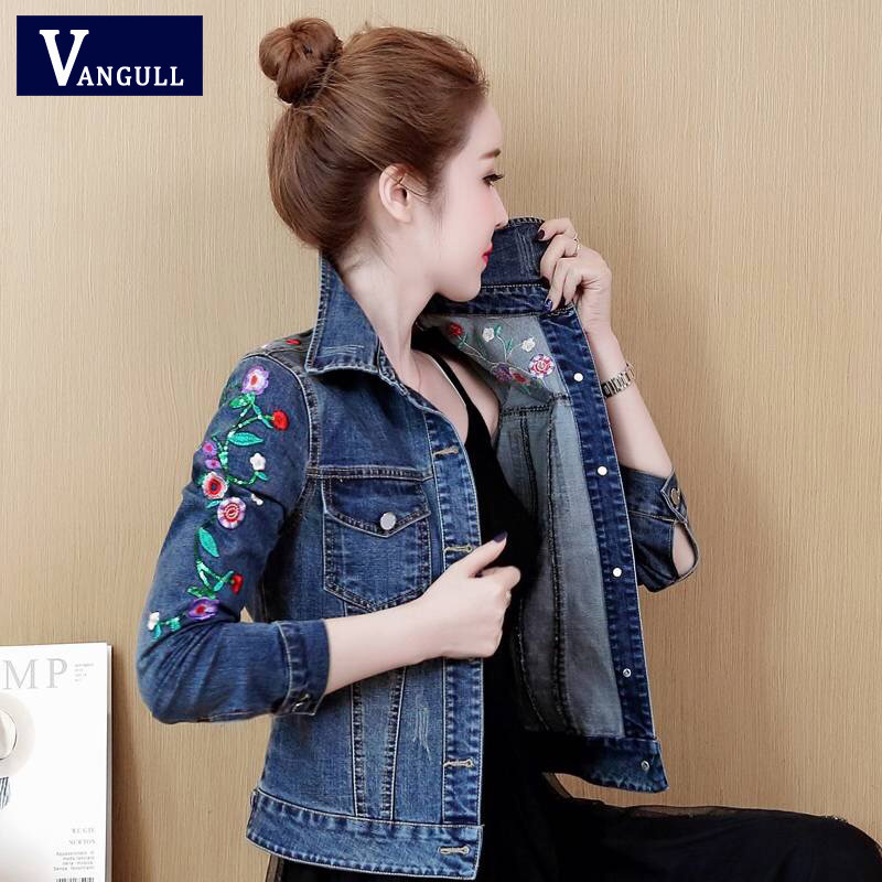 Vangull Plus Size 5XL Floral Women Denim Coat Embroidery Short Basic Ladies Jean Jacket Slim Flower Outwear Jackets 201112