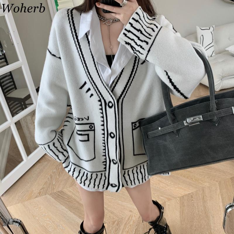 Woherb Women's V-neck Knitted Cardigan New Autumn Winter Striped Design Sweater Coat Femme Korean Chic Loose Harajuku Jackets, Black
Woherb Women's V-neck Knitted Cardigan New Autumn Winter Striped Design Sweater Coat Femme Korean Chic Loose Harajuku Jackets, Black