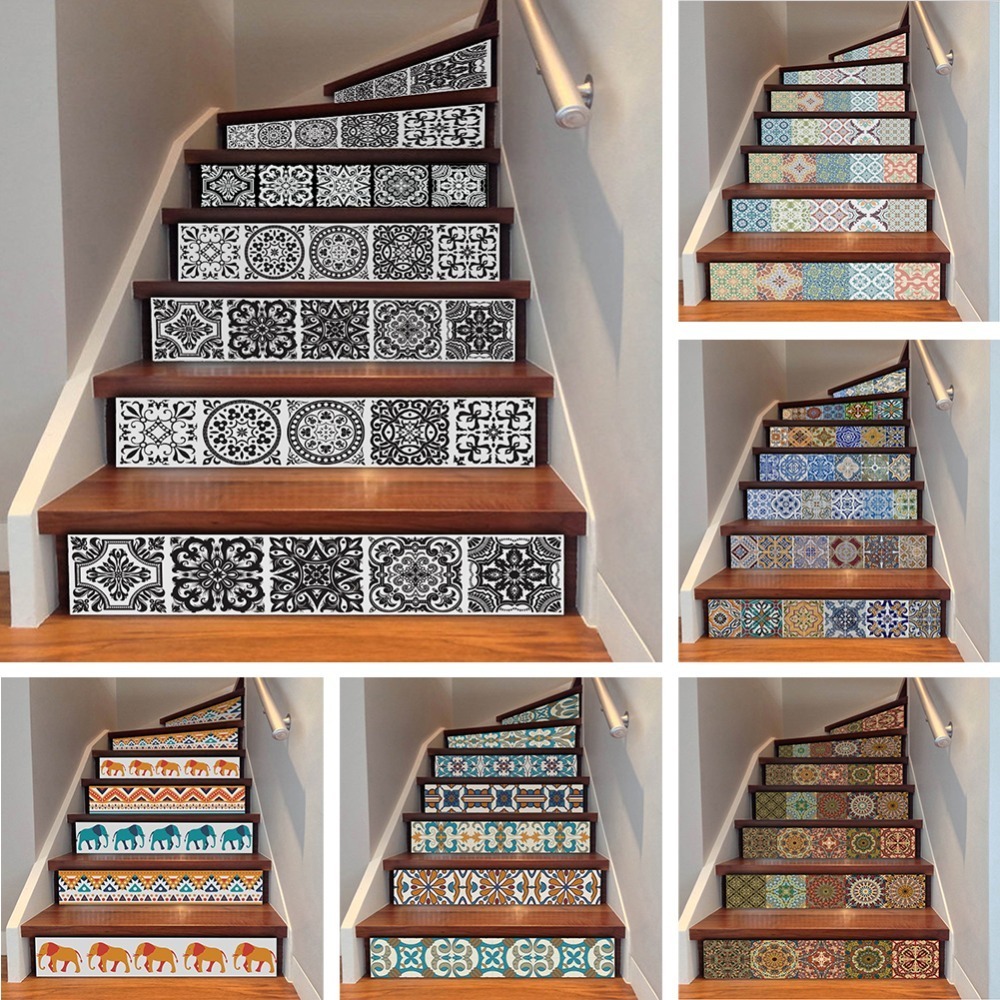 

yazi 6PCS Removable Step Self-Adhesive Stairs Sticker Ceramic Tiles PVC Stair Wallpaper Decal Vinyl Stairway Decor 18x100CM 201207