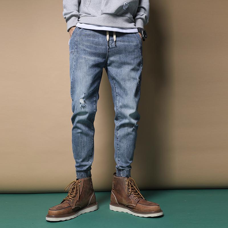 Men Blue Ripped Jeans Summer Casual Elastic Waist Drawstring Ankle-Length Pants Streetwear Cotton Stretch Denim Trousers
Men Blue Ripped Jeans Summer Casual Elastic Waist Drawstring Ankle-Length Pants Streetwear Cotton Stretch Denim Trousers