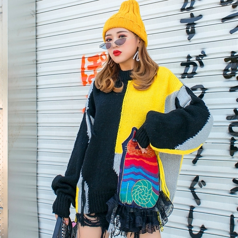 Vefadisa Women Pullovers Sweater 2020 Autumn Winter Women Cat Appliques Sweater Female Patchwork Color Tassel Sweater LJ201114