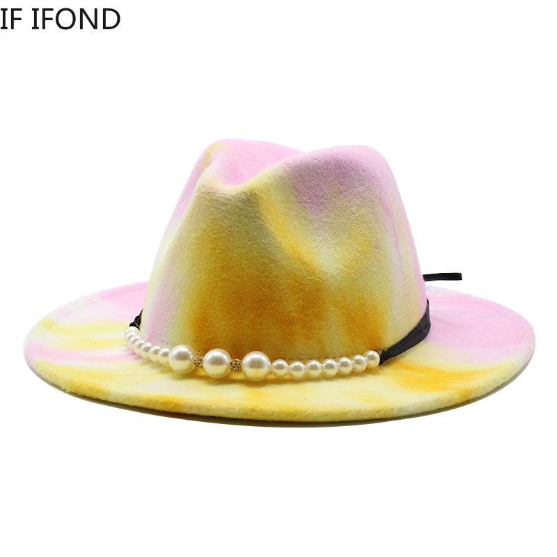 New Tie dye Wide Brim Fedora Hat Winter Autumn Fashion pearl Top hat Gentleman Elegant Lady Sombrero Jazz Cap
New Tie dye Wide Brim Fedora Hat Winter Autumn Fashion pearl Top hat Gentleman Elegant Lady Sombrero Jazz Cap