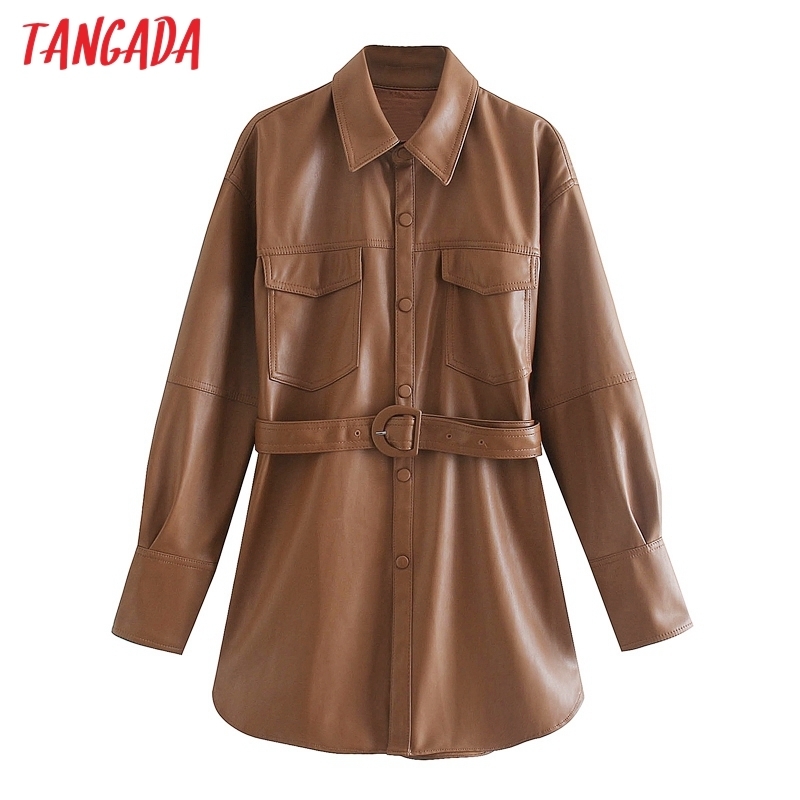 Tangada Women brown faux leather jacket coat with slash Ladies Long Sleeve loose oversize boy friend Coat 3H120 201029