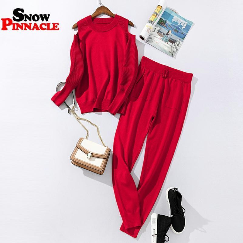 Fashion Women sweater customes sets Spring Autumn 100% Cotton thick soft long pant knitted sets Casual 2PCS Track Suits 201119