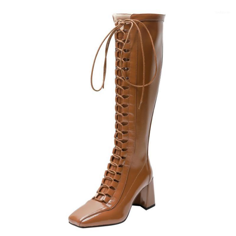 Patent leather square toe high boots women's autumn and winter new Korean style lace-up rear zipper elastic boots but knee1, Brown
Patent leather square toe high boots women's autumn and winter new Korean style lace-up rear zipper elastic boots but knee1, Brown