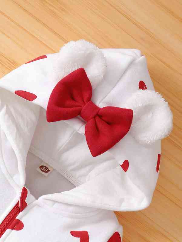 Baby Heart Print Bow Hooded Jumpsuit SHE