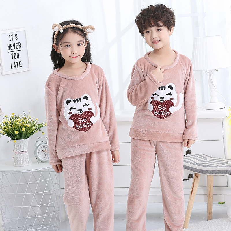 Children's flannel pajamas set boys and girls cartoon coral fleece head protector home service 201225