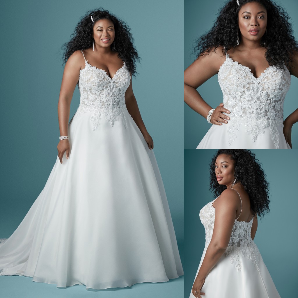 Plus Size White Lace Beaded Wedding Dresses V Neck A Line Bridal Gowns Covered Buttons Back Sweep Train Organza Robe De Marie
