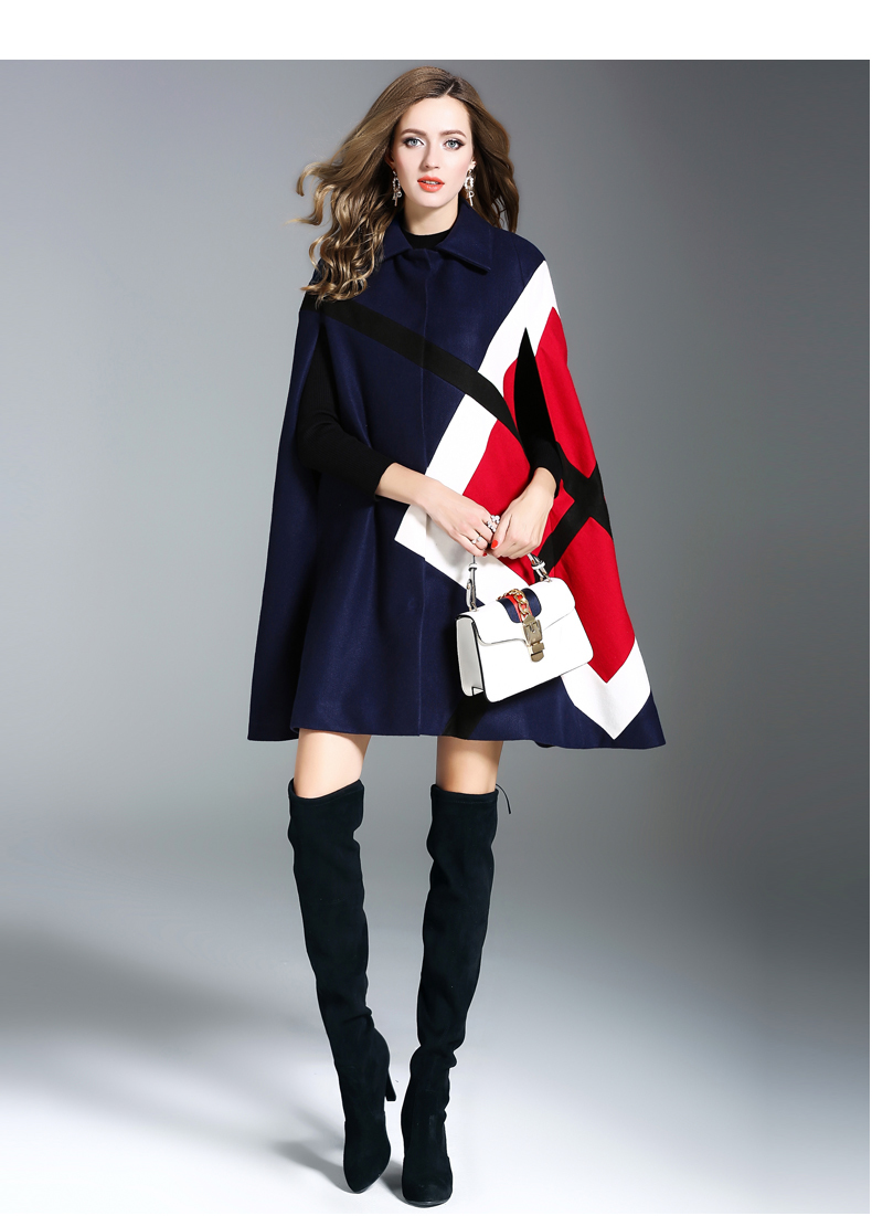 Runway Autumn Winter Women Cloak Poncho lapel Wool Blends Coat Geometric Patchwork Batwing Sleeve Tweed Cape Outerwear 201210