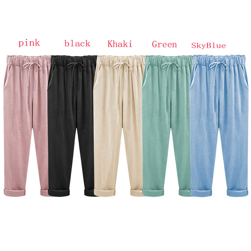 2019 Linen Pant Casual Womens Cotton Linen Elastic Waist Trousers Summer Wide Leg Pants for Women Large Plus Size Harem Pants T200319