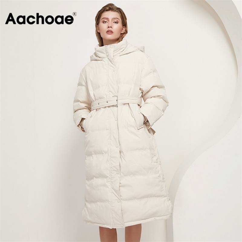 Aachoae Women 90% White Duck Down Long Coats With Belt Winter Thick Warm Hooded Coat Parka Female Outwear Down Jacket 201029