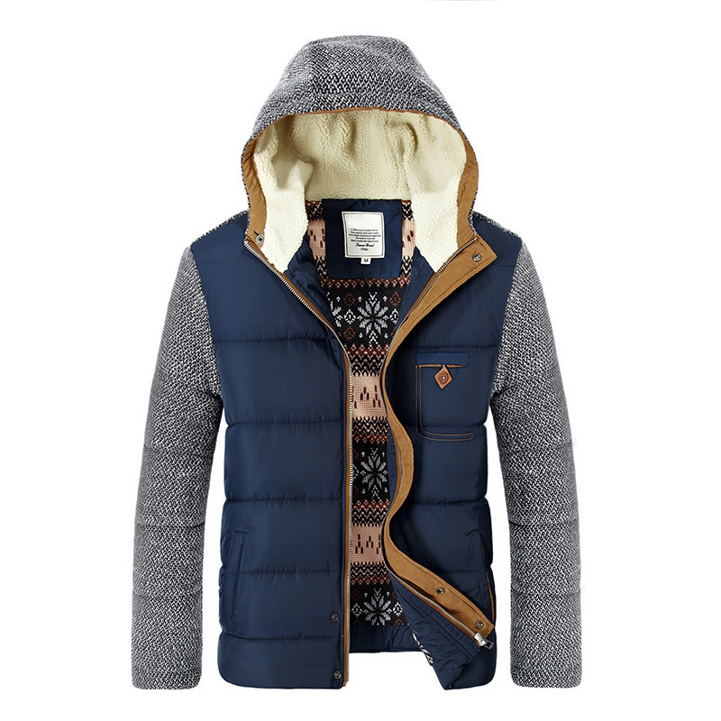 Winter Men's Thick Jackets Knitted Long Sleeve Hooded Parkas Patchwork Full Zipper Fashionable Causal Fleece Padded Coat EU Size 201217Z