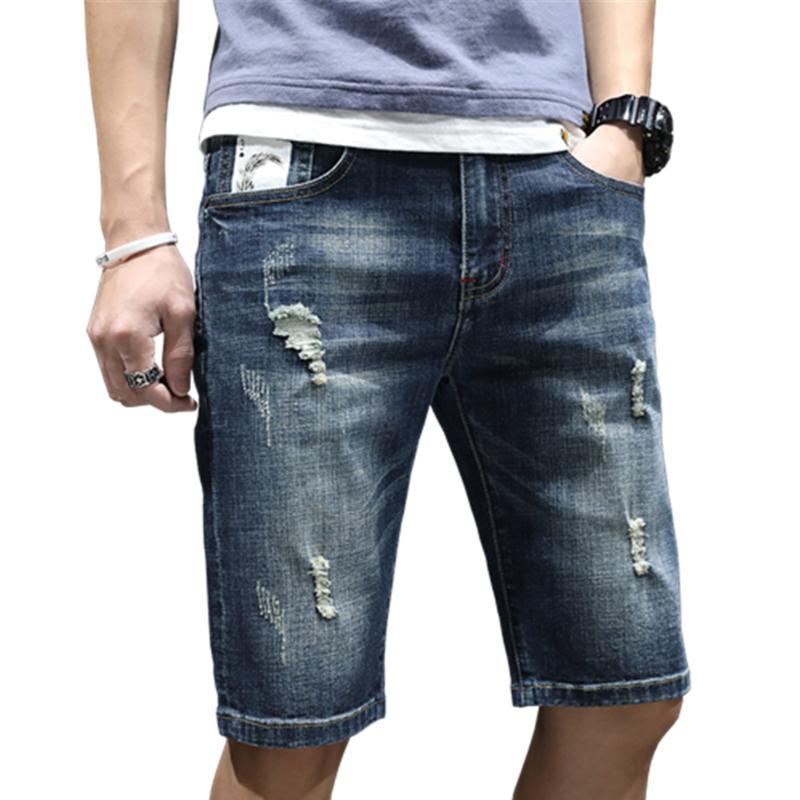 

2021 Summer New Elastic Light Blue Casual Trend Youth Shorts Straight Fit High End Men's Hole Cowboy Shorts 28-42