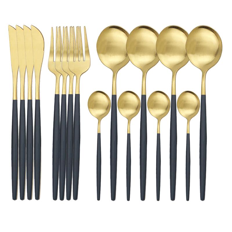 16Pcs Matte Black Gold Dinnerware Set Cutlery Set 304 Stainless Steel Tableware Knife Fork Spoon Silverware Kitchen Flatware
16Pcs Matte Black Gold Dinnerware Set Cutlery Set 304 Stainless Steel Tableware Knife Fork Spoon Silverware Kitchen Flatware