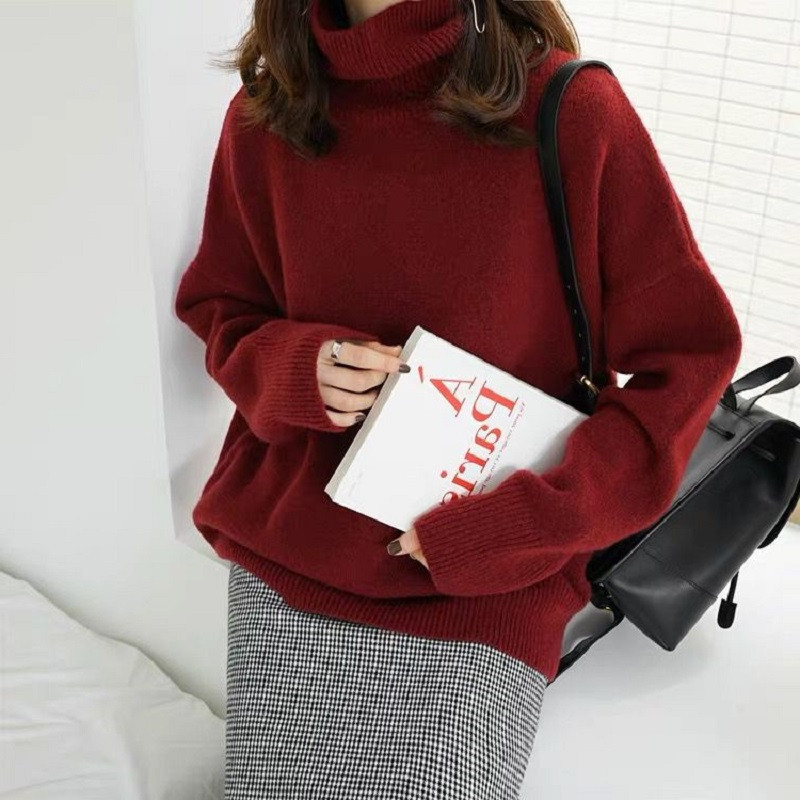 womens high neck loose wool sweater sweater pullover thick knitted cashmere sweater outer wear base large size warm top 201221