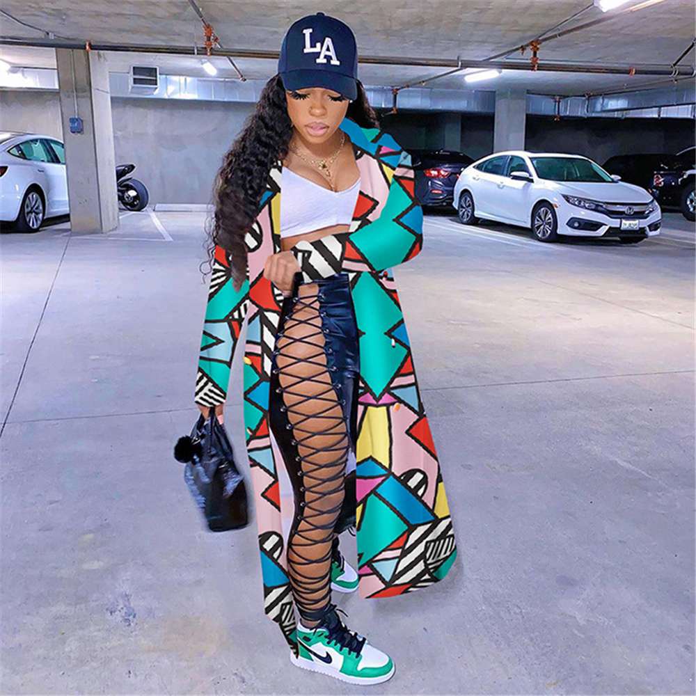 Tsuretobe Plaid Trench Coat For Women Fall Plus Size Clothing Elegant Long Coat Women Fashion Geometric Print Outwear Mujer 201102