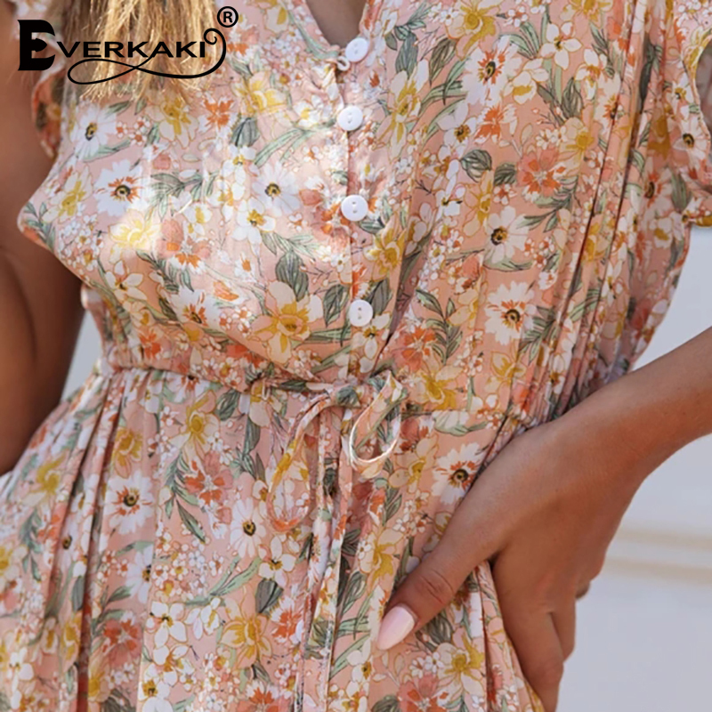 Everkaki Floral Print Long Dress Boho Summer Vestidos Buttons Sashes Ladies Gypsy Maxi Dresses Casual Female Spring New T200603