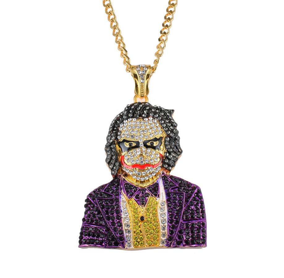 Fashion Iced Out Large Cartoon Clown Cosplay Pendant Mens Hip Hop Necklace Jewelry 76cm Gold Cuban Chain For Men Women Free shipping Free shipping