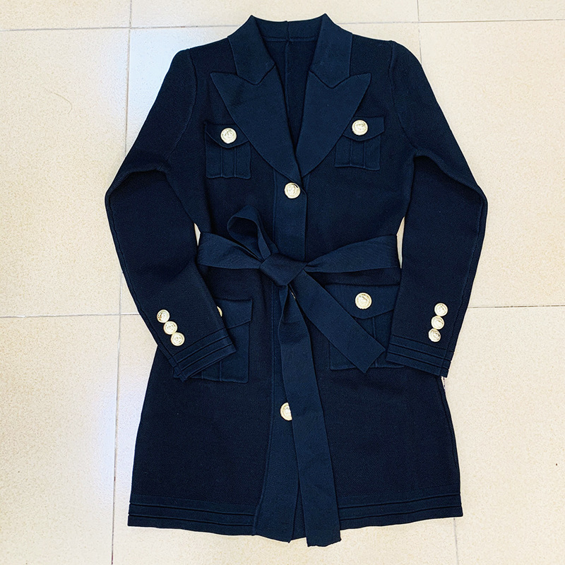 Premium Top Quality Original Design Women's Metal Buckle Trench Coats Long Coat Knitted Sash Waistband Cardigan Overcoat Blazer Jacket