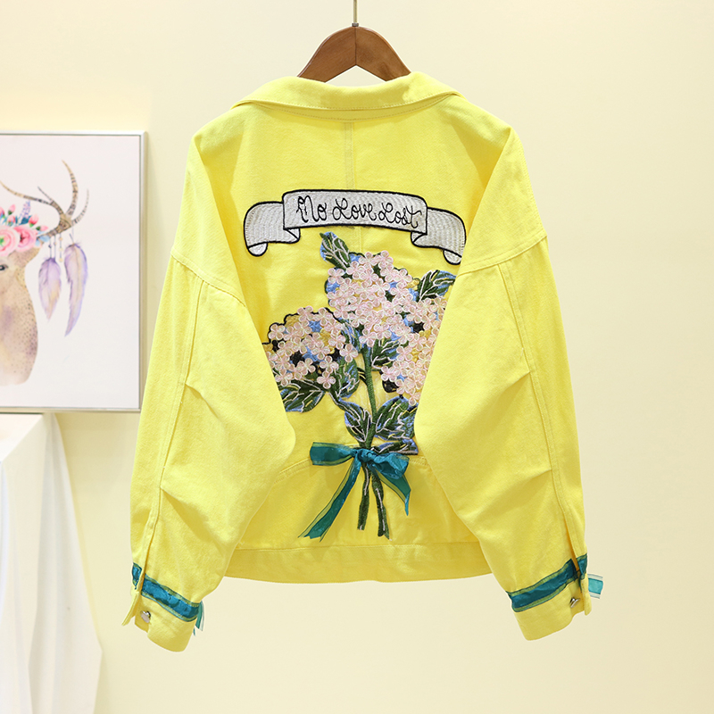 EWQ summer Fruit long sleeve denim jacket Turndown Collar print Embroidery loose Ladies clothing women coat top QH198 201029
