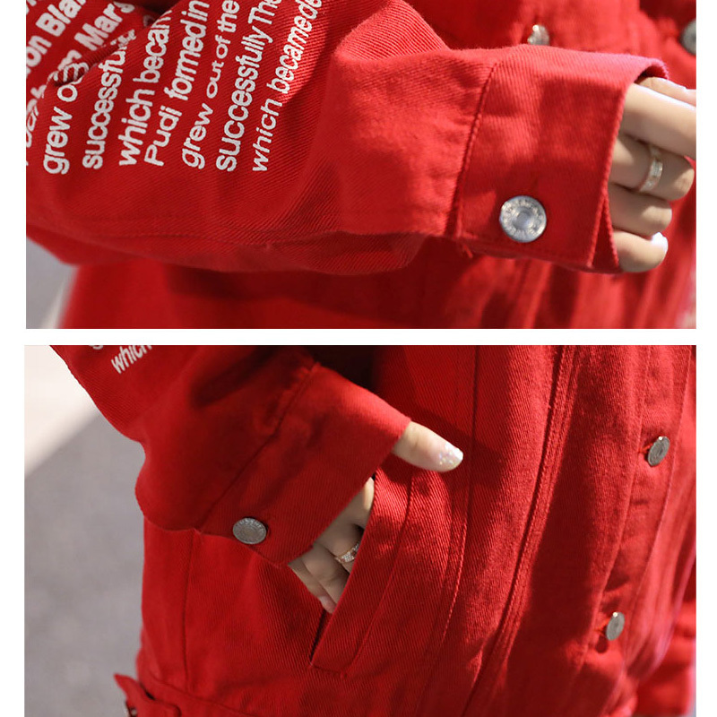 ins women coat autumn red fashion Korean style pocket letter print casual loose denim jackets female mujer bomber jacket 201026