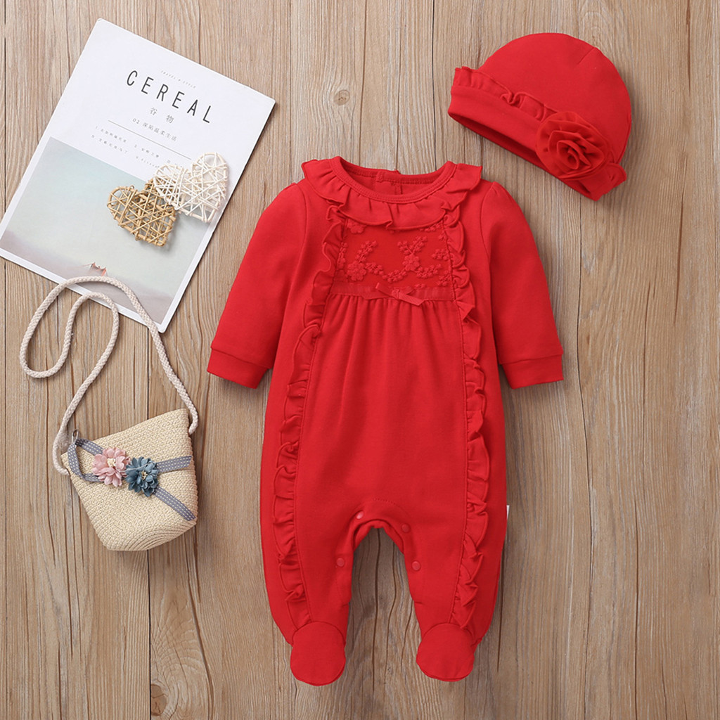 Winter Newborn baby girl clothes 0 3 months Newborn Infant Baby Girls Solid Ruffles Floral Romper Jumpsuit+Hat Outfits Sets 201027