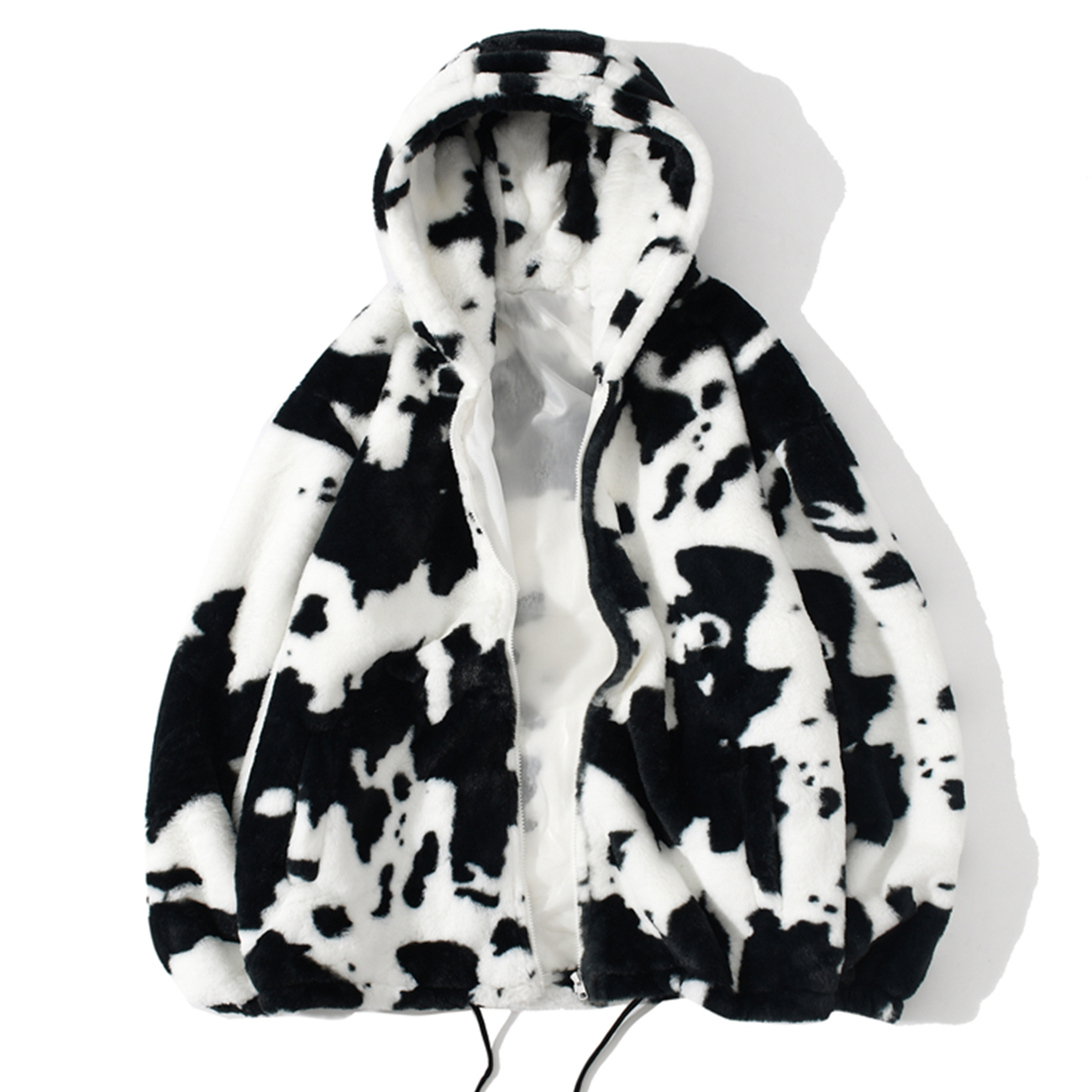Men Streetwear Cow Print Zipper Cardigan Hooded Coats Autumn Winter Harajuku Loose Couple Coat Outwear Hoodie Lambswool Jacket 201127