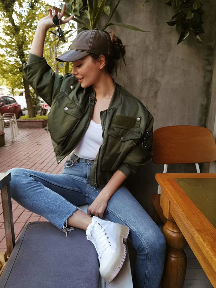 Fashion Vintage Women Chic Green Oversize Bomber Jacket Stylish Female Pockets Zippers Coat Casual Ladies Outerwear T200212