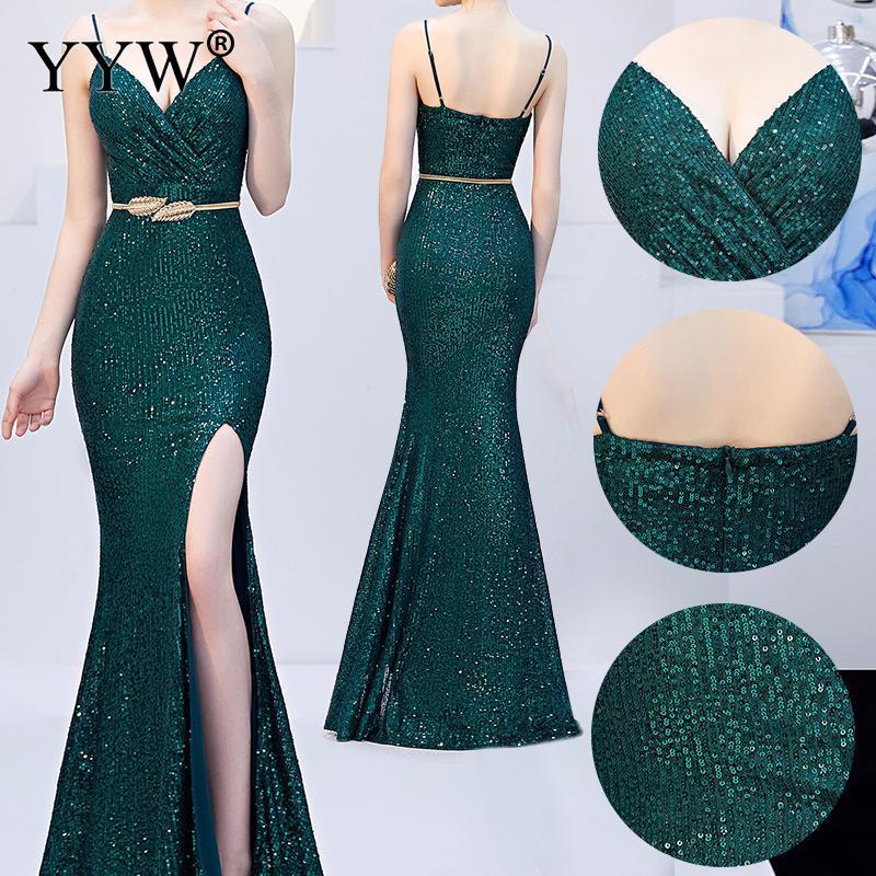Sexy Sequined Evening Dress Robe De Soiree VNeck Sleeveless Backless Mermaid Long Robe Side Slit Off Shoulder Party Dress 201114