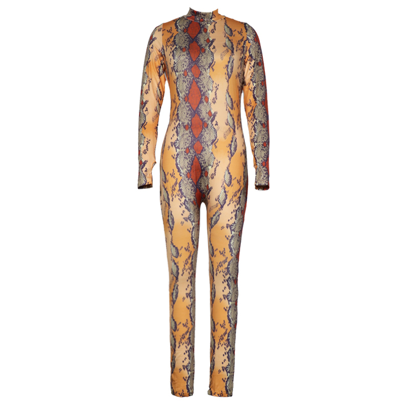 Snake Skin Print Sexy Plus Size Jumpsuit Women Mock Neck Long Sleeve Bodycon Bodysuit Vintage High Waist Night Club Party Romper T200509