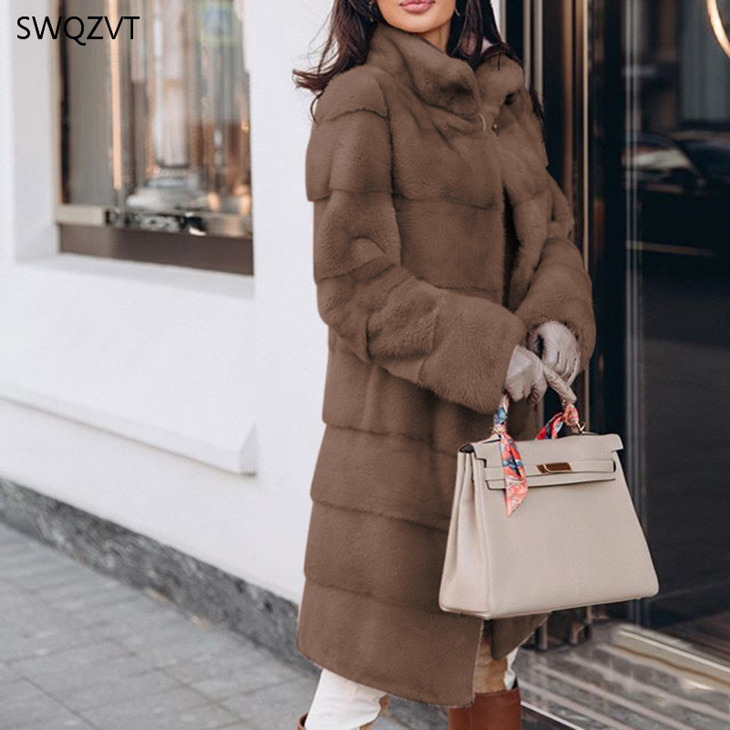 SWQZVT Warm Solid Color Women Parkas Fashion Long-Sleeved Stand Collar Fur Stitching Long Ladies Coat Winter Jacket 201125