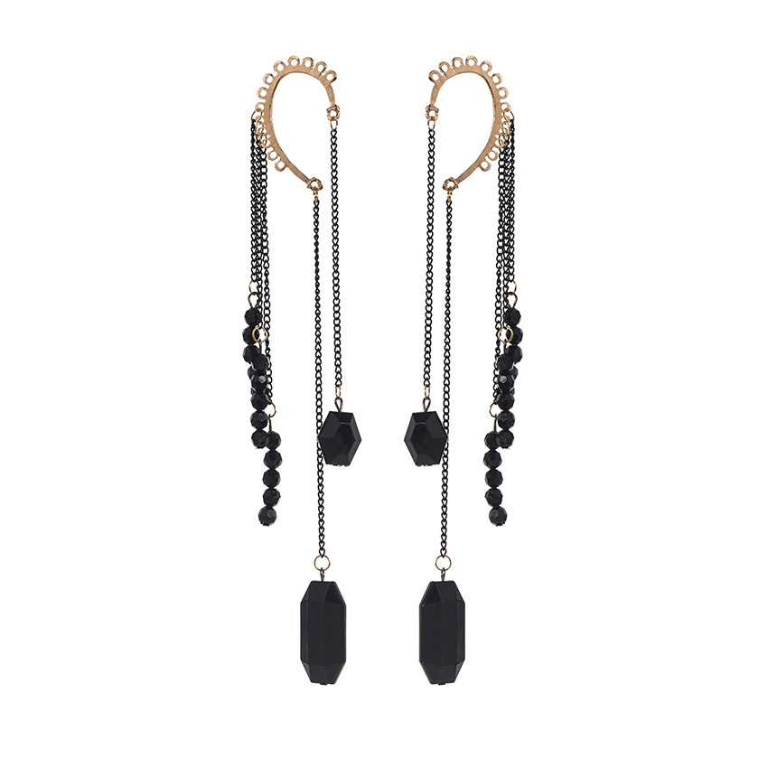 Fashion black stone tassel earring cuff new design long tassel earring cuff fashion hot creative women punk style jewelry