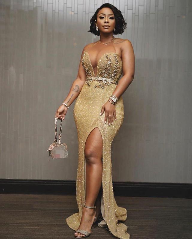 Sexy Aso Ebi Arabic Gold Sequined Lace Mermaid Prom Dresses Jewel Neck Sheer Crystal Split Sequins Formal Evening Gowns Party Dress
