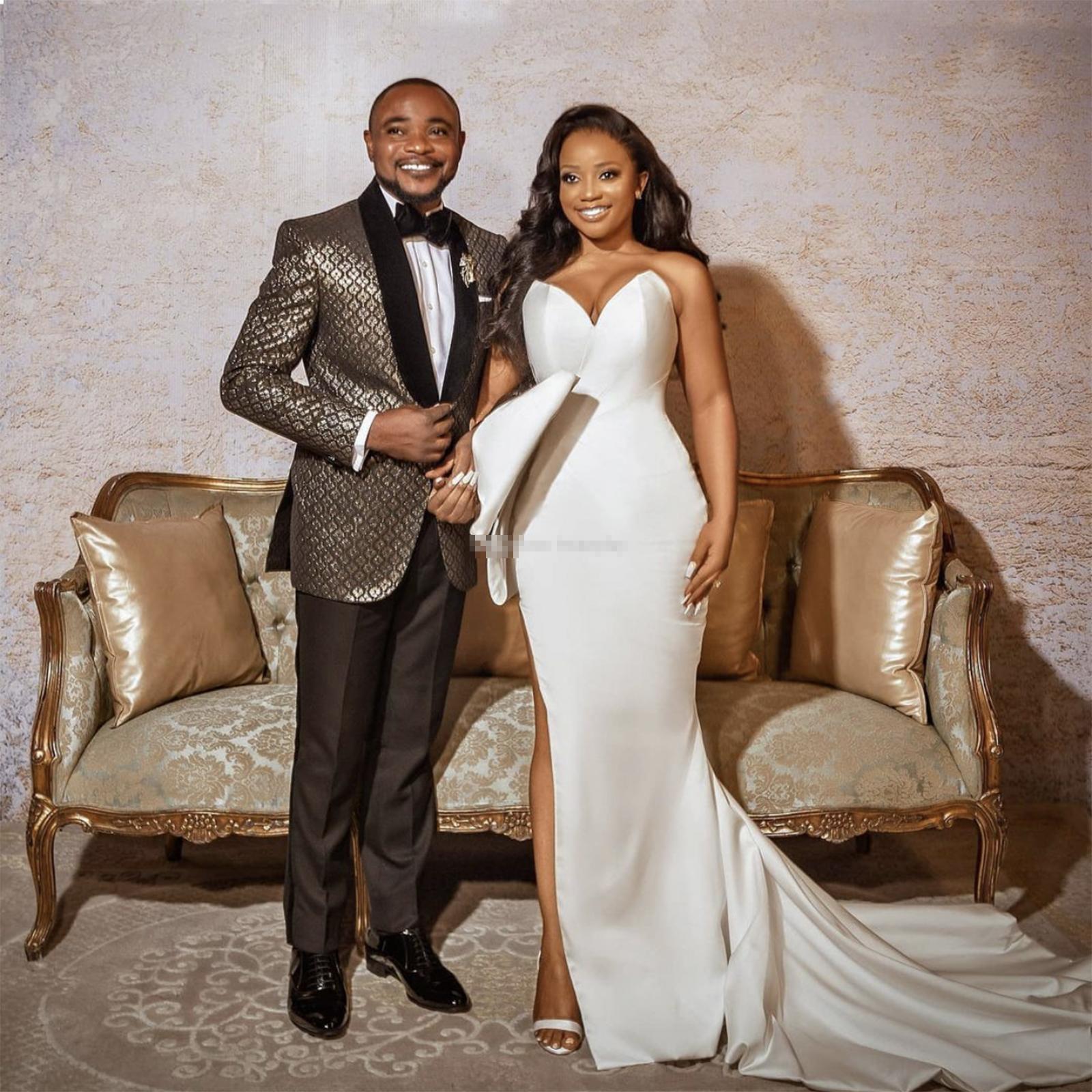 Simple Satin Dresses Side Slit Sweetheart Necke Sweep Train Peplum Bow Custom Made African Wedding Gown Vestido De Novia