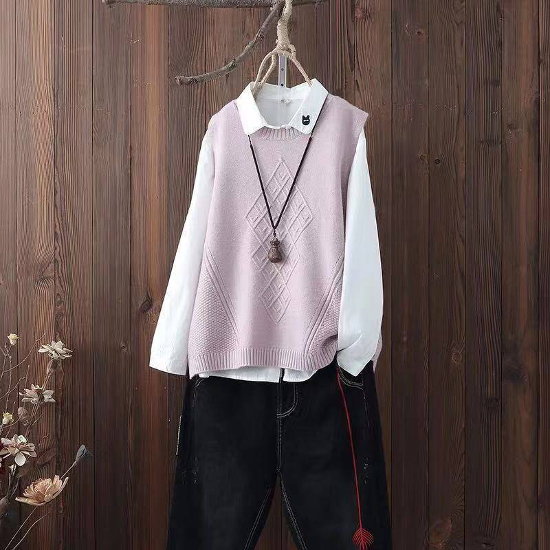 Round neck knitted waistcoat women's college style pullover waistcoat spring and autumn new woolen vest Korean loose sweater 201023