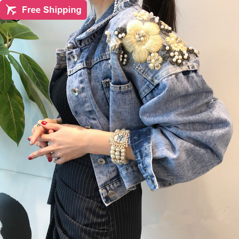 Female butterfly pearl short granule denim 2020 sleeve long beads of sequins jean jacket free, Blue
Female butterfly pearl short granule denim 2020 sleeve long beads of sequins jean jacket free, Blue