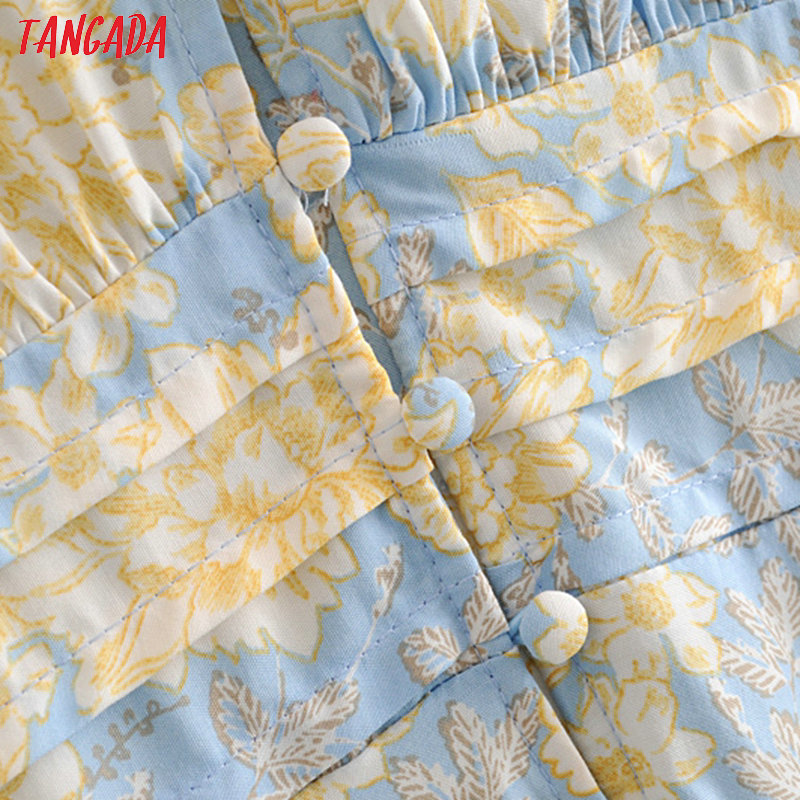 Tangada fashion women yellow floral midi dress short sleeve buttons ladies elegant v neck vintage dress 3H394 T200613