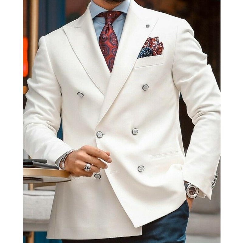 White Double Breasted Blazer for Men Slim Fit Single One Piece Male Suit Jacket with Peaked Lapel Italian Style Casual Coat 201104
