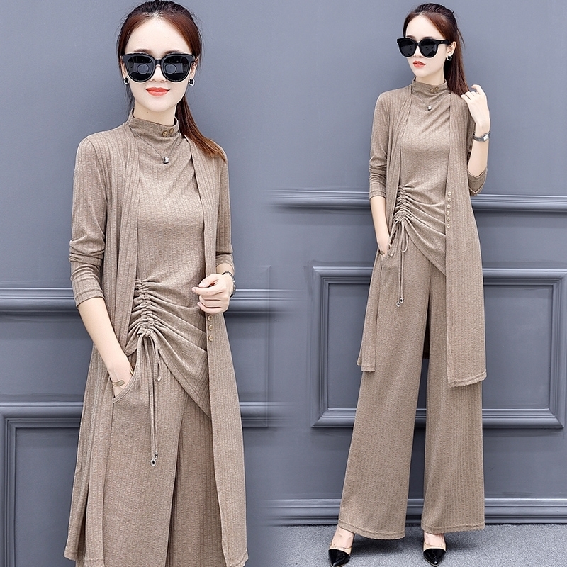 Women Tracksuit Long Sleeve Cardigan and Sleeveless Pullover Tops and Wide Leg Pants Suit Women's Sets Knitted 3 Pieces Set 984A 201120