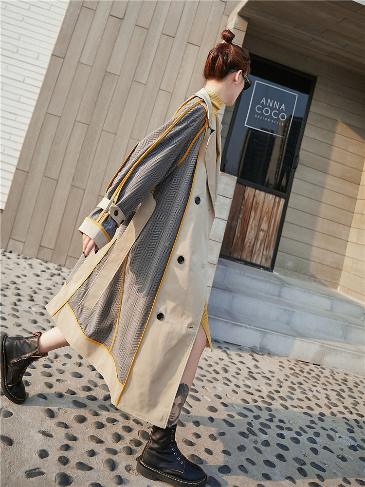 LANMREM 2020 Original Retro Hit Color Plaid Windbreaker Women's Collar Striped Double-breasted Long Coat Loose Spring 19B-a380 T200811