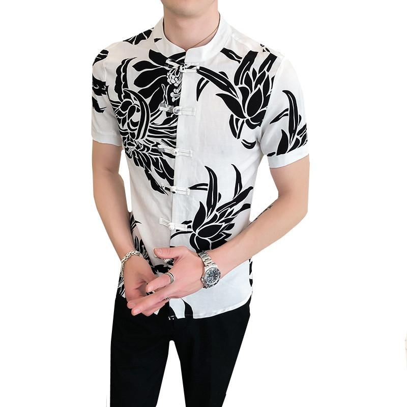 Summer Shirt Fashion Chinese Style Plate Button Printing Stand Collar Short Sleeve Slim Fit Shirt Men Clothes Flower Blouses, White
Summer Shirt Fashion Chinese Style Plate Button Printing Stand Collar Short Sleeve Slim Fit Shirt Men Clothes Flower Blouses, White