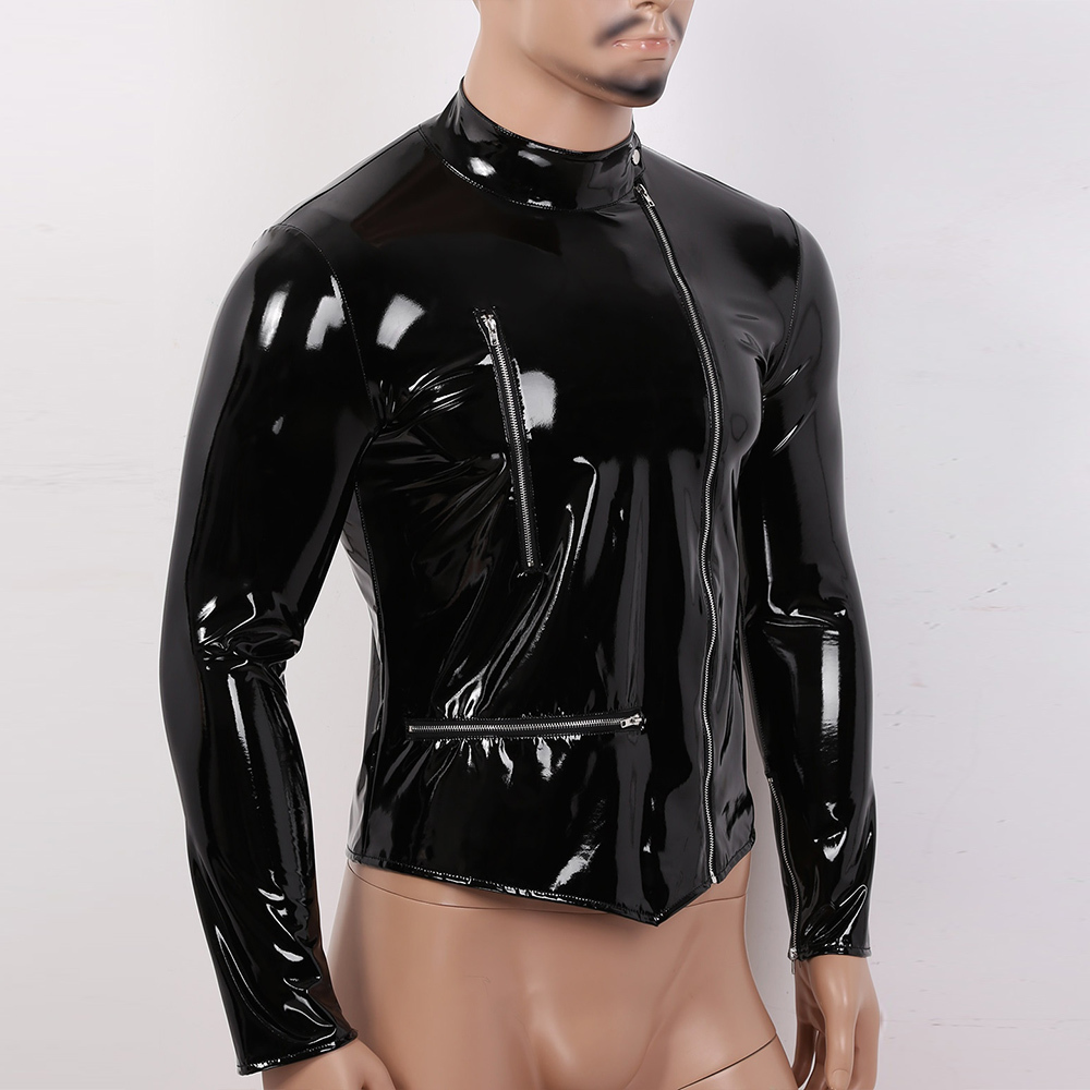 Mens Jacket Coat Wet Look Patent Leather Coat Stand Collar Long Sleeves Front Zippered Motorcycle Jacket Biker Coat punk jackets T200502