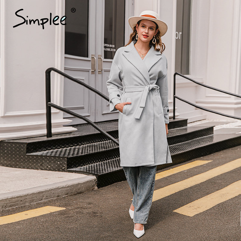 Simplee Elegant light grey autumn winter female long coat Office ladies wool blend overcoat Causal pocket fashion coat jacket 201216