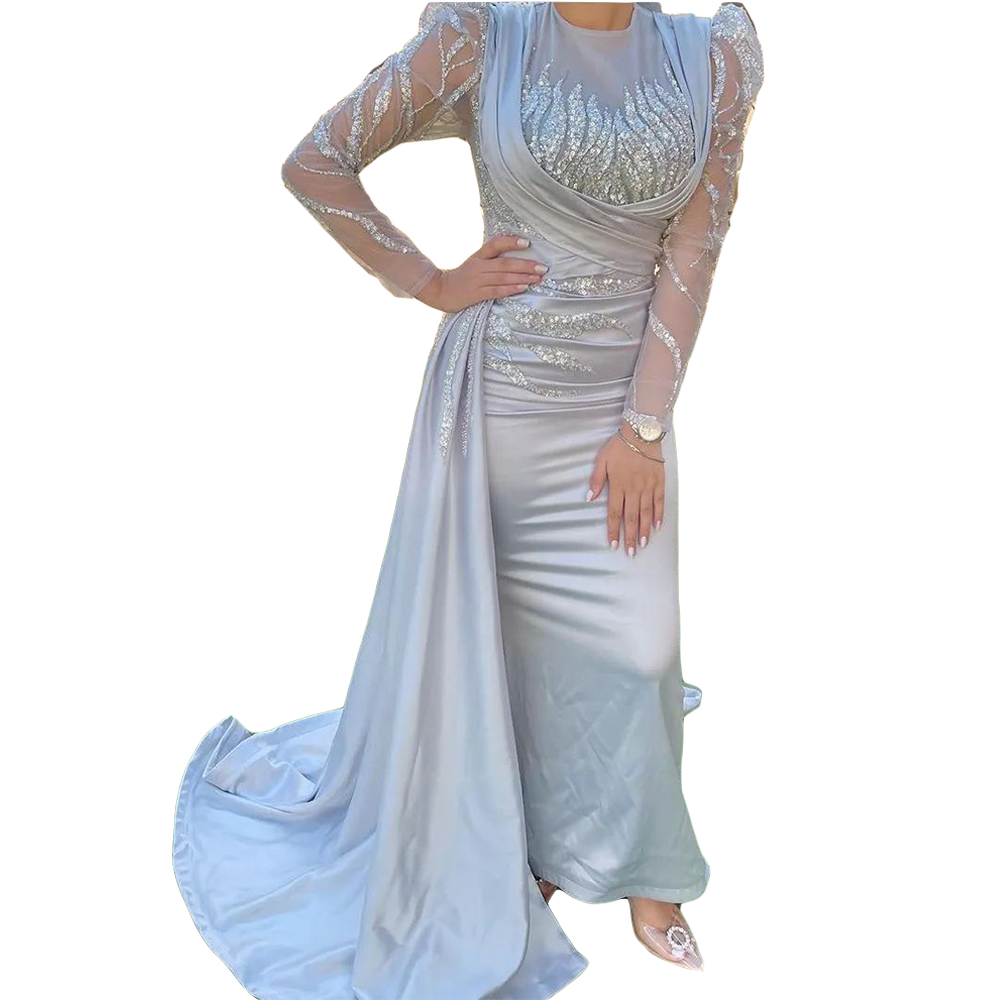 Sexy African Lace Mermaid Prom Dresses For Black Women Jewel Neck Long Sleeve Illusion Sequins Evening Party Gown Robe De Soiree