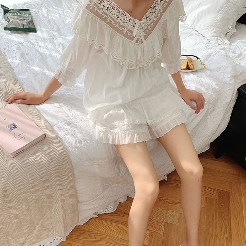 Summer Women's Soft Cotton Pajamas Sets White Lace Shorts Pajamas Vintage Long Sleeve Sleepwear Autumn Nightwear Home Clothes 201027