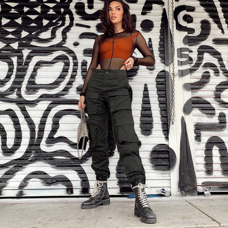 SUCHCUTE High Waist Tooling Pants For Women Plus Size Pockets Hot Lasdies Street Wear Patchwork Pencil Sweat Bottom Korean Style 201111