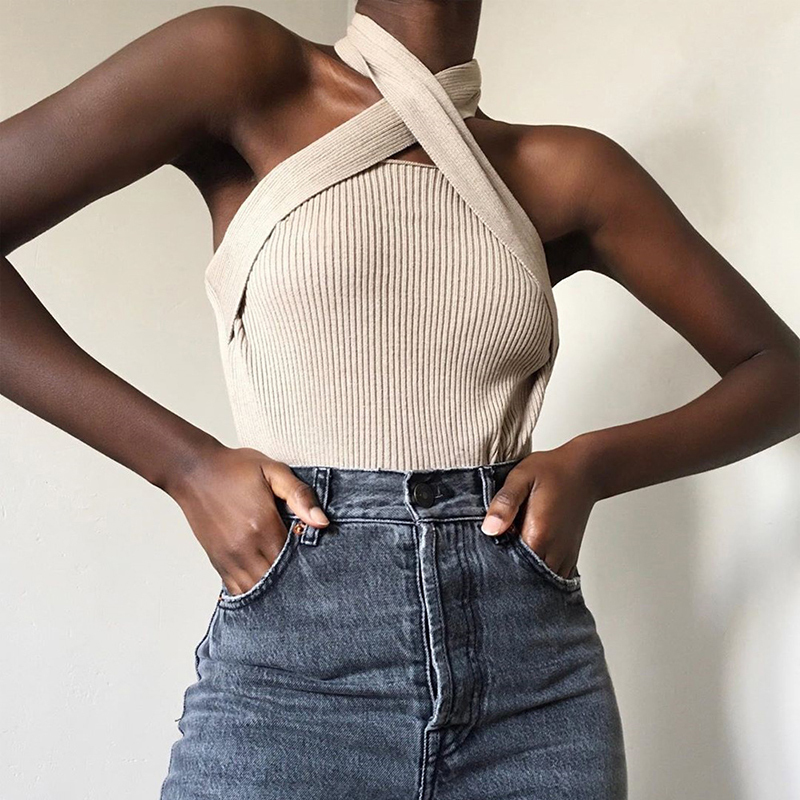 TWOTWINSTYLE Elegant Sleeveless Sexy Women Sweater Halter Off Shoulder Slim Knitted Tops Female Fashion Summer Clothes Tide 201221