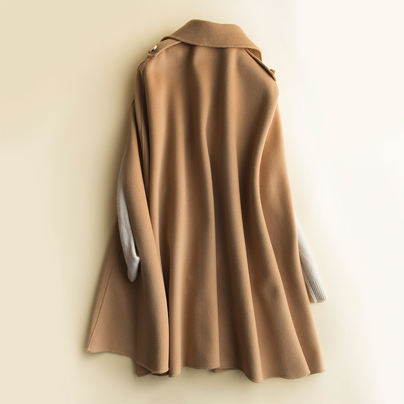 100% Wool Mid long bat cape women woolen coats spring loose double sided cashmere coat women's Cape fashion brown wool coat 201214