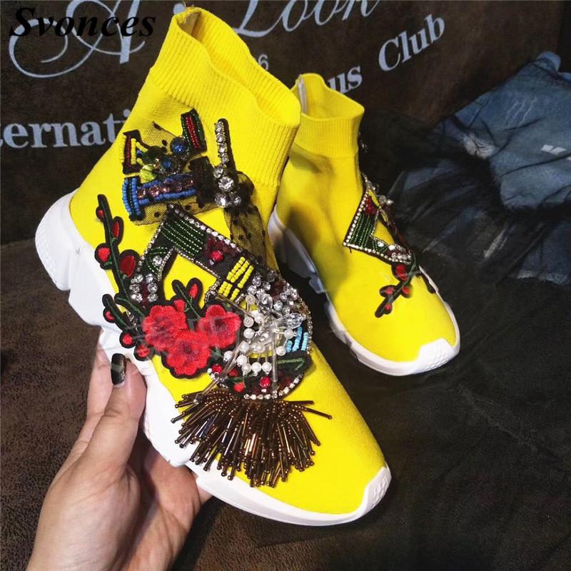 Svonces Handmade Diamond Women Sock Boots Stretch Fabric Flat Casual Shoes Thick Heel Comfort Yellow Embroider Women Short Boots, As pic
Svonces Handmade Diamond Women Sock Boots Stretch Fabric Flat Casual Shoes Thick Heel Comfort Yellow Embroider Women Short Boots, As pic