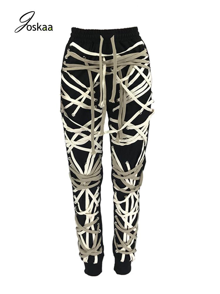 Women's Pants & Capris 2021 Autumn Jogger Women Cargo Ribbon Bandage High Waist Club Streetwear Elastic Drawstring Cross Female Trousers